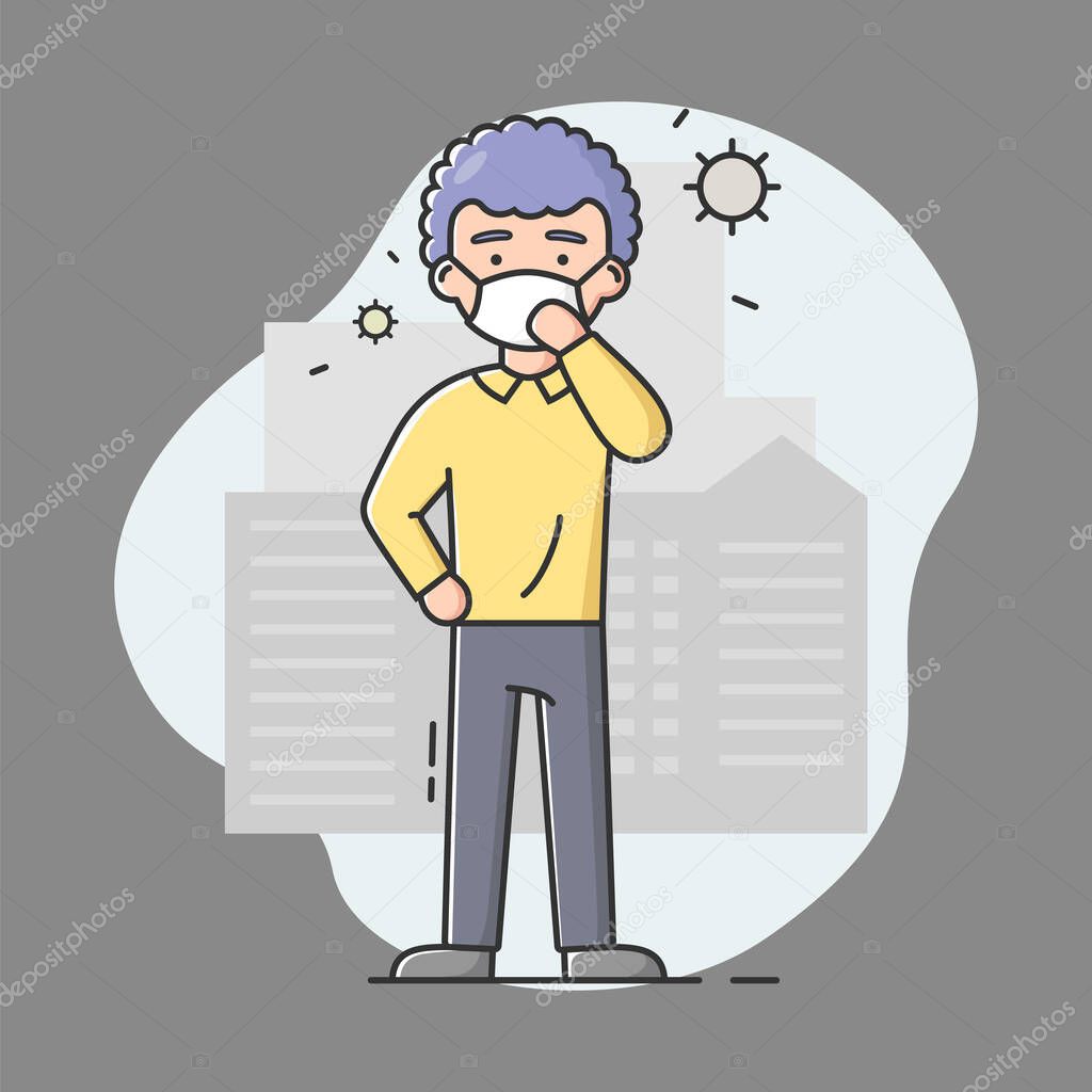 Coronavirus Concept. Man In Protective Mask With With Flying Around Viruses In The Air. Character Wearing Protective Mask for Prevent Virus Covid19. Cartoon Linear Outline Flat Vector Illustration