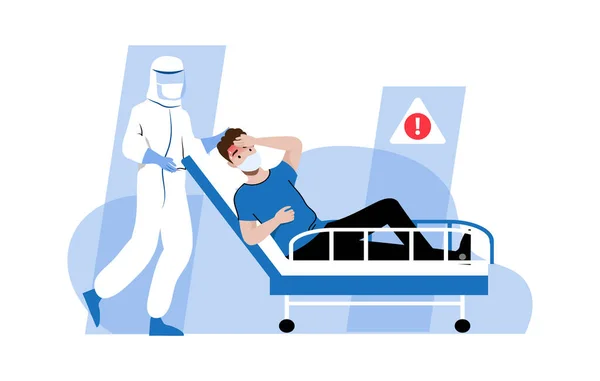 Koncept globální epidemie. Nemocniční pracovník v Virus jednorázové kombinézy oblečení lékařské ochranné obleky je nošení infikovaného pacienta na nosítka. Cartoon Linear Outline Flat Vector Illustration — Stockový vektor