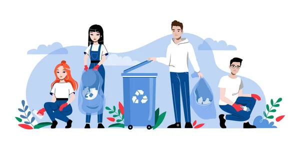 Concetto di Rifiuti Zero e Riciclaggio, Salva Pianeta. Personaggi Clean Street Of Trash e metterlo nel contenitore. Le persone raccolgono e sistemano la spazzatura. Illustrazione vettoriale piana del contorno lineare del fumetto — Vettoriale Stock