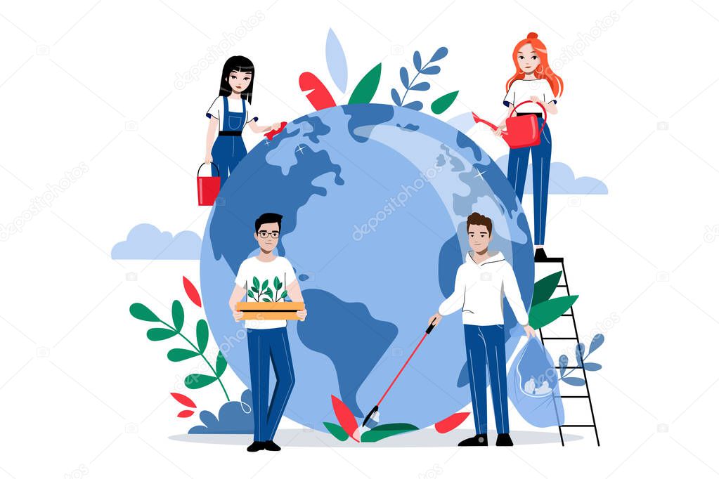 Concept Of Celebration Earth Day. People Clean The Earth, Planting Wand Watering Plants. Woman Is Watering Planet By Watering Can Standing On Ladder. Cartoon Linear Outline Flat Vector Illustration