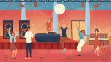 Dans Partisi Konsepti. Moda insanları grubu DJ partisinde dans ediyor. Ünlü DJ Modern Müzik Çalıyor. Profesyonel Işıklar ve Dansçılarla Dans Gecesi İçi. Çizgi film Düz Vektör İllüstrasyonu