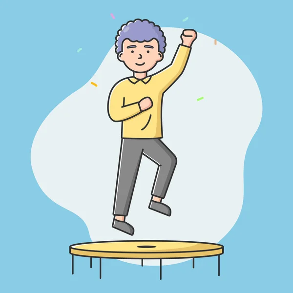 Concepto de Salud, Deporte y Ocio. El joven está saltando en el trampolín en el parque de actividades o gimnasio. El hombre se está divirtiendo y haciendo ejercicio. Dibujos animados Esquema lineal Ilustración de vectores planos — Vector de stock