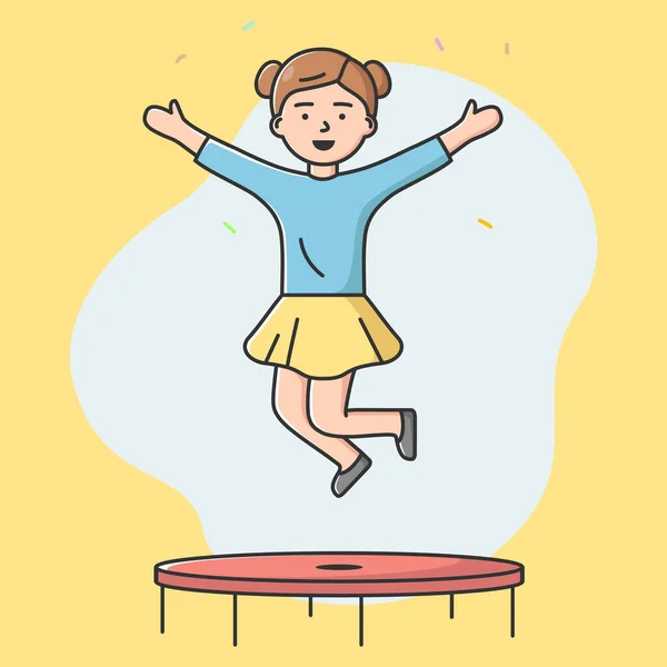 Koncepcja rozrywki, sportu i rekreacji. Młoda dziewczyna skacze na trampolinie w parku aktywności lub siłowni. Bawcie się dobrze i ćwiczcie. Cartoon liniowy zarys płaski wektor ilustracji — Wektor stockowy