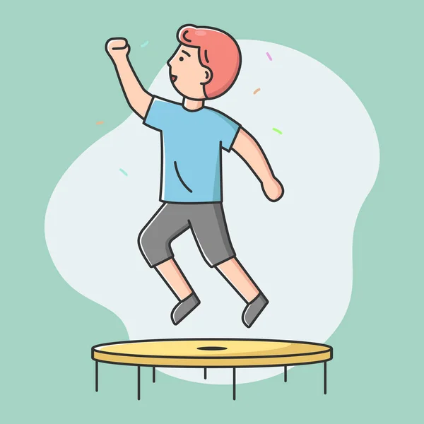 Concepto de Entretenimiento, Ocio. Happy Boy está saltando en el trampolín. Aire libre, Gimnasio, Atracción horaria de verano, Ocio, Acrobacia deportiva. Dibujos animados Esquema lineal Ilustración de vectores planos — Vector de stock