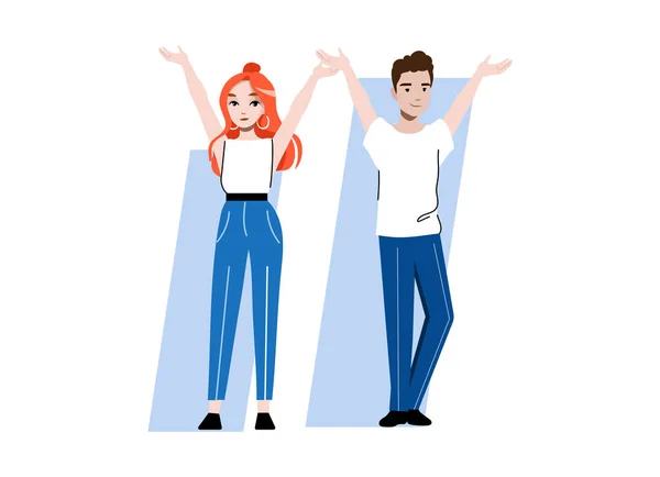 Concept van gelukkige studenten. Man en vrouw staan met handen omhoog en glimlachen. Zorgeloos studentenleven. Happy Couple op abstracte achtergrond. Cartoon Linear Outline Platte Stijl. Vector Illustratie — Stockvector