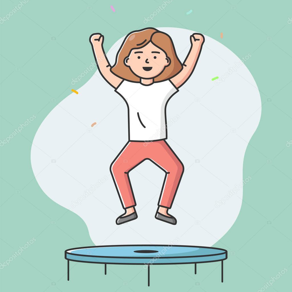 Concept Of Healthcare, Sport And Leisure. Young Woman Is Jumping On Trampoline In The Activity Park Or Gym. Girl Is Exercising And Working Out. Cartoon Linear Outline Flat Style. Vector Illustration