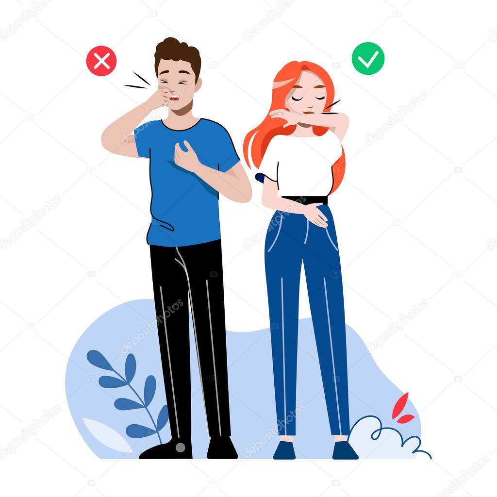 Concept Of Personal Hygienic, Precautionary Measures For Avoidance Viruses Infection. Man And Woman Are Sneezing, Differently Covering Faces. Cartoon Linear Outline Flat Style Vector Illustration