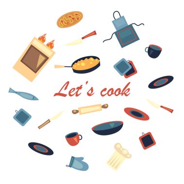 Yemek pişirme öğeleri kavramı. Mutfak eşyaları ve yemek takımları. Günlük kullanım için mutfak gereçleri. Arka plan Mutfak Tasarımı, Restoran, Dükkan veya Kafe Beyazın Üzerinde İzole Edildi. Çizgi film Düz Vektör İllüstrasyonu