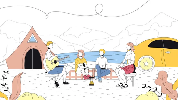 Concepto de camping y paisajes de verano. Los personajes se están divirtiendo al aire libre. La familia está sentada cerca de la tienda y cantando canciones con guitarra. Dibujos animados Linear Outline Flat Style. Ilustración vectorial — Vector de stock