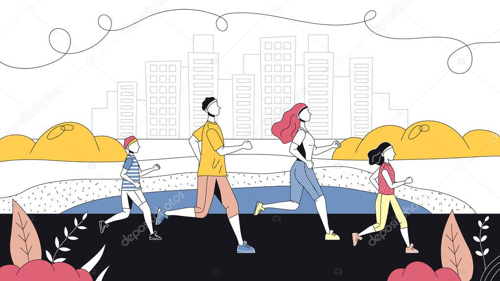 Concept Of Sport And Healthy Lifestyle. Family Is Running Marathon Together In The Park. Father, Mother, Son And Daughter Exercising Together. Cartoon Linear Outline Flat Style. Vector Illustration