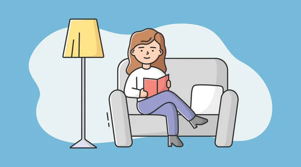 Concetto di auto-educazione e lettura di libri. La giovane donna sta leggendo un libro seduta sul divano di casa o in ufficio. Ventilatori o amanti della letteratura. Illustrazione vettoriale di stile piatto del profilo lineare del fumetto — Vettoriale Stock