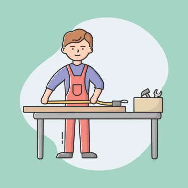 Joiner Meslek Konsepti. İş aletleri ile üniformalı genç profesyonel marangoz ağaç parçalarını ölçmek için mezura kullanıyor. İşyerinde çalışan bir işçi. Çizgi film Çizgi Çizgisi Düz Vektör İllüstrasyonu