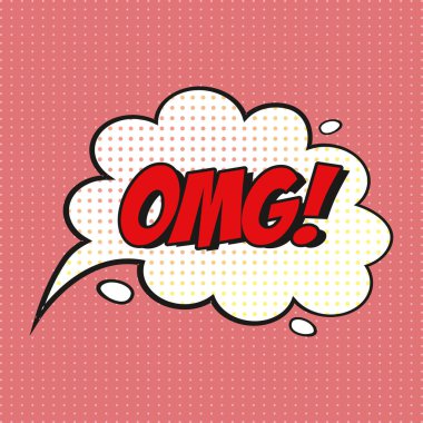 Renkli OMG Pop Sanatı ile Güzel Çizgi Film Reklamcılığı Konsepti Bayrak Tasarımı İçin Yarıton Arkaplanında. Soyut arkaplandaki konuşma baloncuğu. Çizgi film Düz Pop Sanat Tarzı. Vektör İllüstrasyonu