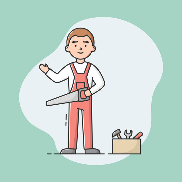 Joiner Profession Concept. Young Cheerful Carpenter In Uniform, Work Tools Is Standing, Holding Saw In Hand. Professional Construction Worker With Saw. Cartoon Linear Outline Flat Vector Illustration
