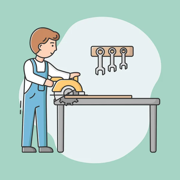 Concept de métier de menuisier. Jeune menuisier professionnel en uniforme avec des outils de travail utilisant une scie à table pour scier des pièces de bois. Ouvrier chez Workplase. Dessin animé contour linéaire Style plat. Illustration vectorielle — Image vectorielle