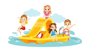 Aquapark 'ta Boş Zaman kavramı. Mutlu Neşeli Çocuklar su kaydırağında birlikte oynuyorlar. Çocuklar yaz tatili boyunca Waterpark 'ta oynayıp eğleniyorlar. Çizgi film Düz Biçim Vektör İllüstrasyonu