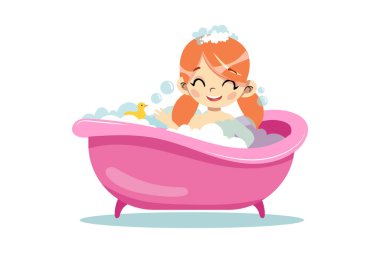 Kişisel hijyen prosedürü kavramı. Mutlu Mutlu Neşeli Kız banyo yapıyor. Çocuk bir sürü köpük ve sabun köpüğüyle küvette ördek yavrusuyla oynuyor. Çizgi film Düz Biçim Vektör İllüstrasyonu