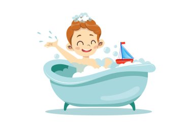 Kişisel hijyen prosedürü kavramı. Mutlu Neşeli Çocuk banyo yapıyor demek. Çocuk banyo küvetinde bol köpük ve sabun köpüğüyle oyuncak tekneyle oynuyor. Çizgi film Düz Vektör İllüstrasyonu