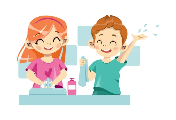 Концепция правил личной гигиены. Счастливые веселые дети моют руки вместе под краном с мылом в ванной комнате. Регулярные гигиенические процедуры для детей. Мультипликационный вектор — стоковый вектор