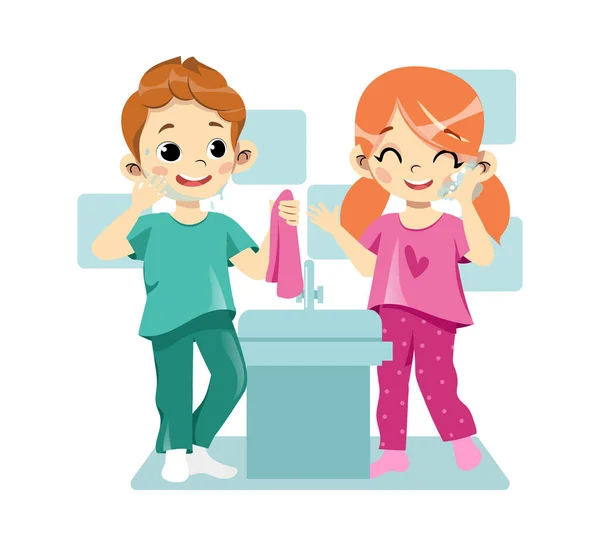 Concetto di procedure igieniche personali. Felice allegro bambini stanno lavando in bagno. Ritratto di bei bambini che lavano i loro volti spruzzando acqua. Stile piatto del fumetto. Illustrazione vettoriale — Vettoriale Stock