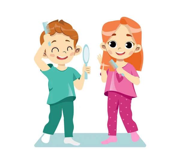 Концепция процедур личной гигиены. Счастливые веселые дети, расчесывающие волосы, глядя в зеркало. Портрет красивых детей, расчесывающих волосы в ванной. Мультипликационный вектор — стоковый вектор