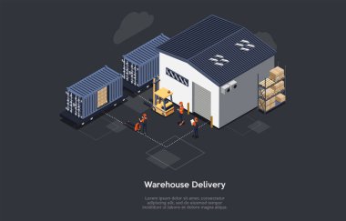 Isometric Depo Demiryolu Teslimat Konsepti. Eve ve ofise zamanında teslim edilecek. Teslimat Treni, Çalışanları, Defter Kontrollü İşçi Kargo Yükleme ve İndirme Süreci. Vektör İllüstrasyonu