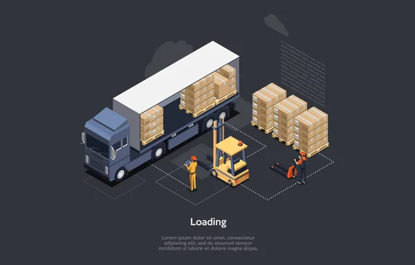 Isometric Depo Çalışma Süreci Konsepti. Eve ve ofise zamanında teslim edilecek. Teslimat kamyonu, Paletleri Yüklemek için Forklift, İşçilerin Yükleme ve boşaltma İşlemleri. Vektör İllüstrasyonu