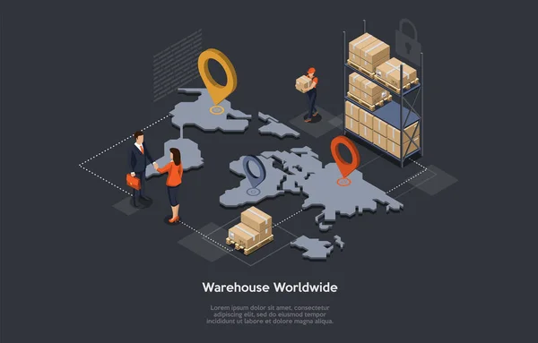 Magazzino isometrico, logistica dei trasporti marittimi e via terra. Consegna in tutto il mondo e logistica globale con personale, merci, mappa del mondo e tag. Manager e cliente stringono le mani. Illustrazione vettoriale — Vettoriale Stock