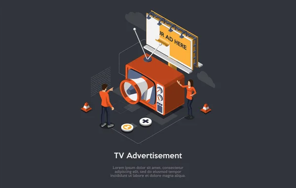 Concepto de anuncio de televisión isométrica, nuevas tecnologías publicitarias. Segmentación del público, publicidad televisiva direccionable, campaña PPC. Retro TV con cartelera, gerente y cliente. Ilustración vectorial — Vector de stock