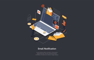 Isometric E- posta Bildirimi Konsepti. İnsanlar e-posta alır ve gönderir. Ekranda Açık Zarf ve Bilgi Grafikleri olan büyük bir laptop. Erkek ve Kadın, Gadget 'larla e-posta yolluyorlar. Vektör İllüstrasyonu