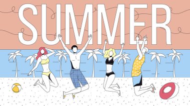 Yaz Tatili Konsepti. Okyanus manzarası olan bir grup insan plajda birlikte zıplıyor. Mutlu Karakterler tatillerde birlikte iyi vakit geçiriyor. Çizgi film Çizgi Çizgisi Düz Vektör İllüstrasyonu