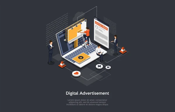 Concepto de Publicidad Digital Isométrica, Tecnologías Publicitarias. Monitor de ordenador, con diferentes tipos de publicidad. Los gerentes desarrollan la campaña publicitaria en Internet. Ilustración vectorial — Vector de stock