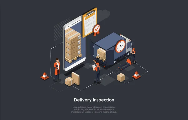 Isometric Delivery Inspection Concept. Customs Inspector Checks The Truck Loading And Accompanying Documents. Border Inspection With Working Staff, Smartphone, Truck With Goods. Vector Illustration — Stock Vector