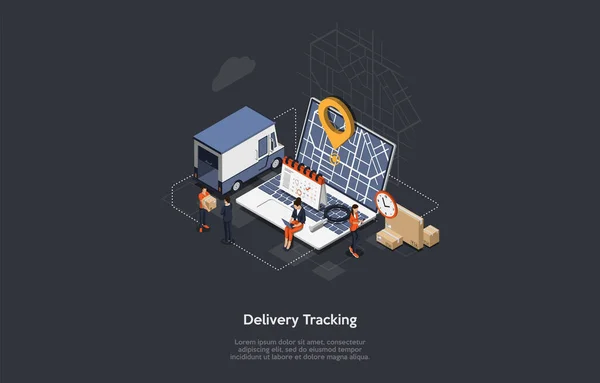 Haritada minibüsün GPS konumunu gösteren Isometric Online Kargo Teslimat Sistemi. Şehir Lojistik Merkezi ve Ofisi. İşçiler malların teslimatını ve minibüsün yerini gözlüyor. Vektör İllüstrasyonu