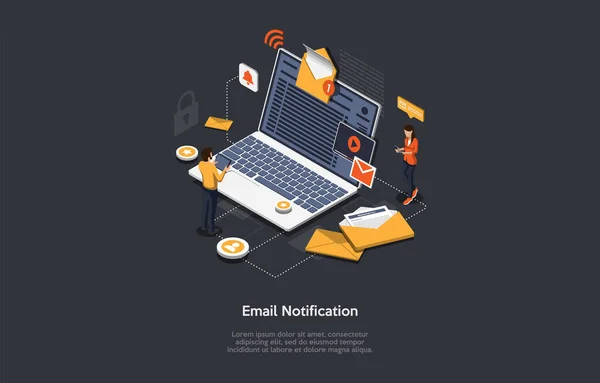 Concepto de Notificación de Email Isométrico. La gente recibe y envía correos electrónicos. Portátil grande con sobre abierto e infografías en la pantalla. El hombre y la mujer están enviando correos electrónicos con aparatos. Ilustración vectorial — Vector de stock