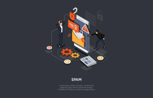 Isometric Internet Hacker Attack, olumsuz e-posta, bülten ve Spam Concept alıyor. Hacker İstenmeyen İçerik Gönderiyor. Mobil Güvenlik Teknolojisi. Simgeli Büyük Akıllı Telefon. Vektör İllüstrasyonu
