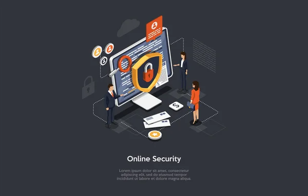 Isometrisk online sikkerhed og databeskyttelse koncept. Udviklere skaber beskyttelse af malware til kunden. Cloud Computing Online Database Teknologi Computer Sikkerhed. Illustration af vektor – Stock-vektor