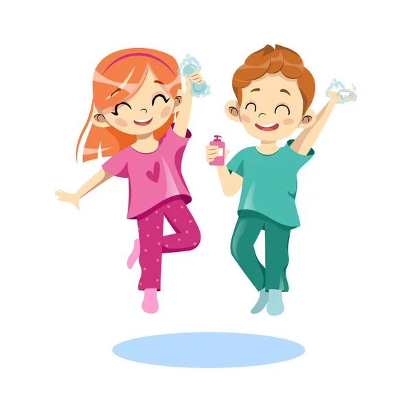Concept Of Kids Personal Hygiene. Happy Cheerful Children Boy And Girl Wash Hands Together With Soap In Bathroom. Regular Hygienic Procedures For The Kids. Cartoon Flat Style. Vector Illustration — Stock Vector
