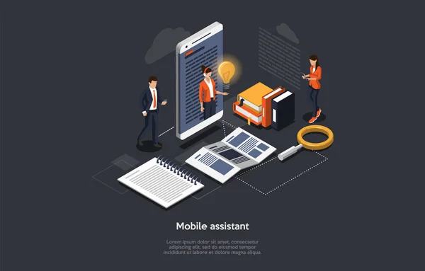 Isometrisk 3D Mobile Assistant, Online teknisk support 24-7 Concept. Affärsmän har en videokonferens med den assistent som ger nya affärsidéer och samråd. 3D vektor Illustration — Stock vektor