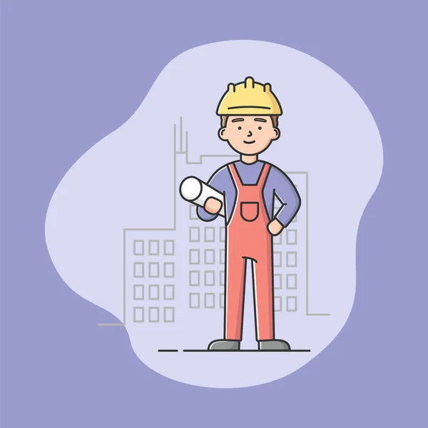 Menschen unterschiedlicher Berufe. Nationalfeiertag der Arbeit. Architekt in Uniform mit Blaupause. Facharbeiter. Selbstbewusster Mann in Arbeitskleidung. Cartoon Linear Outline Flache Vektorillustration — Stockvektor