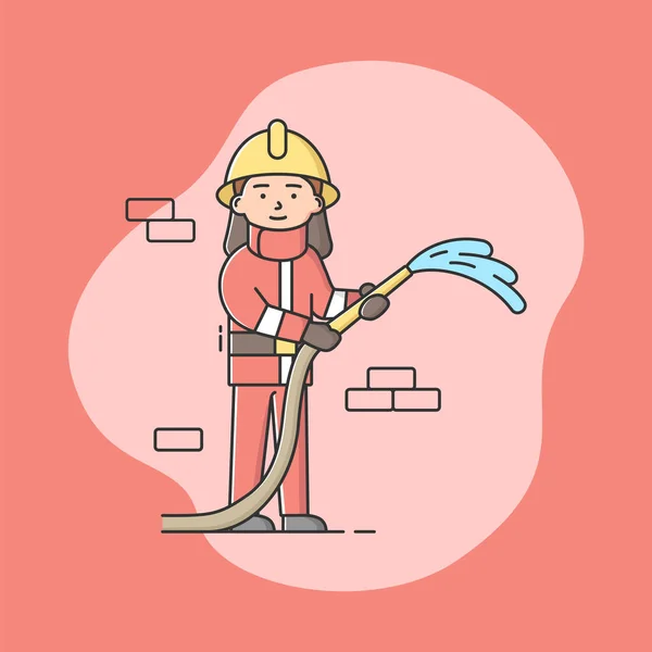 Menschen unterschiedlicher Berufe. Nationalfeiertag der Arbeit. Feuerwehrmann in Uniform mit Feuerwehrschlauch. Facharbeiter. Selbstbewusster Mann in Arbeitskleidung. Cartoon Linear Outline Flache Vektorillustration — Stockvektor