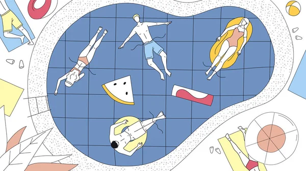 Koncept letních prázdnin. Šťastní lidé relaxující v bazénu během prázdnin. Mužské a ženské postavy ležící na slunci na vzduchové matrace a gumové kroužky v bazénu. Cartoon Flat Vector Illustration — Stockový vektor