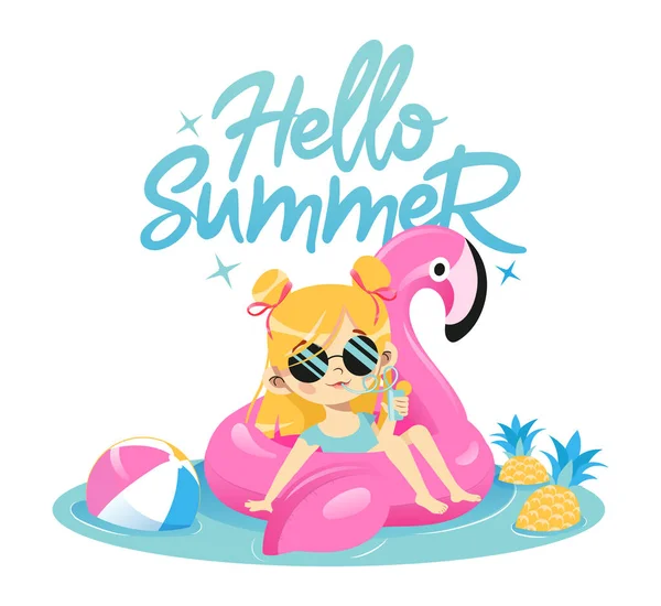 Conceito de férias de verão. Moda jovem está nadando em borracha rosa Flamingo na piscina Beber Cocktail. Character feminino Hipster bonito em óculos de sol Glamour. Desenhos animados ilustração vetorial plana — Vetor de Stock