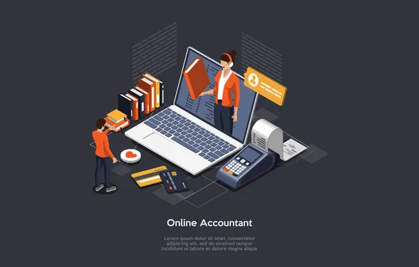 Ισομετρική έννοια Online Accountant. Λογιστής γυναίκα ετοιμάζει μια φορολογική έκθεση και τον υπολογισμό του ελέγχου πληρωμής με βάση τα δεδομένα. Νομική Υπηρεσία Online Δήλωση Λογιστή Τιμολογίου. Εικονογράφηση διανύσματος — Διανυσματικό Αρχείο