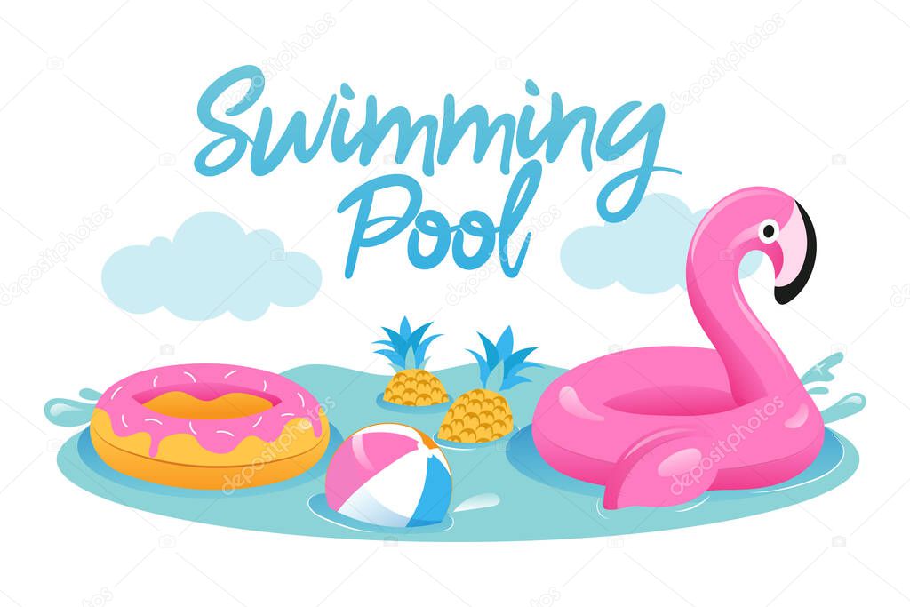 Concept Of Summer Vacations. Cute Inflatable Pink Flamingo With Ball, Rubber Ring In The Swimming Pool. Toys For Active Spend Time And Summer Vacations In The Pool. Cartoon Flat Vector Illustration