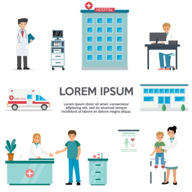 Ambulans, tıbbi araştırma, ekipman, tanı ve tedavi konsepti. Bir takım tıbbi ekip. Hastane binaları ve ambulans aracı. İş yerindeki personel. Çizgi film Düz Vektör İllüstrasyonu