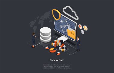 Isometric Blockchain, takım çalışması ve kripto para birimi konsepti. Isometric Dijital Bloklar Bağlantısı, Şifreleme Zinciri. Bloklar ya da Küpler, Bağlantı Sayılardan oluşur. Vektör İllüstrasyonu