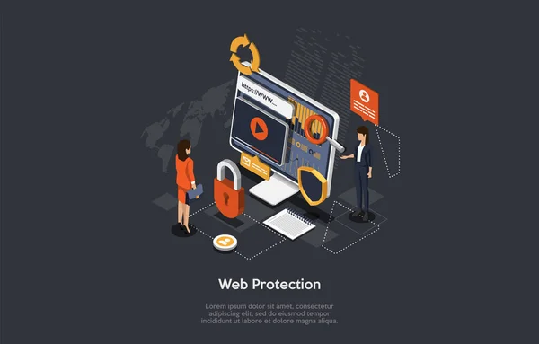 Izometrikus webvédelmi koncepció. Védelem Hálózatbiztonság és adatbiztonság koncepció az üzletemberekkel. Honlap tervezés sablonok kiberbiztonság. A digitális bűnözés megelőzése. 3D vektor illusztráció — Stock Vector