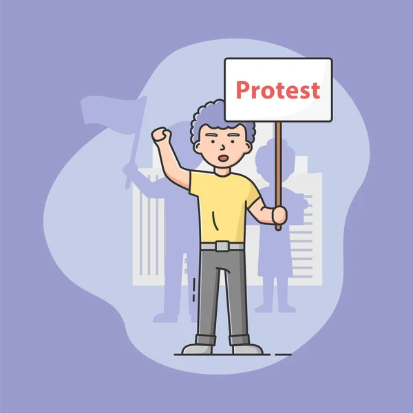 Mass Protest Action Concept. Nespokojený muž si stěžuje a účastní se stávky, drží velký protestní prapor. Muž hájí svá práva. Cartoon Linear Outline Flat Vector Illustration — Stockový vektor