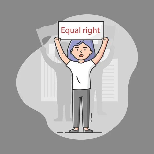 Konsep Aksi Protes Massal. Wanita muda yang tidak puas membela hak-haknya, mengambil bagian dalam pemogokan. Girl Holding Protest Banner With Equal Right Sign. Ilustrasi Vektor Datar Outline Kartun Linear - Stok Vektor